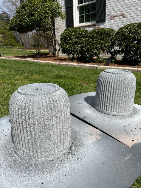 Faux DIY Concrete Planters With Spray Paint - Bless'er House Concrete Spray Paint Faux Stone, Spray Paint Outdoor Planters, Spray Paint Concrete Planters, Redo Planter Pots, Painting Concrete Planters, Spray Paint Rocks Landscape, Stone Look Spray Paint, Stone Texture Spray Paint, Paint Planters Pots