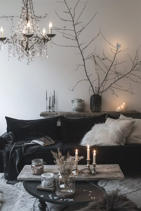 Minimal Goth Living Room, Addams Family Aesthetic Decor, Goth Living Room Modern, Cozy Dark Aesthetic, Modern Gothic Living Room, Spooky Living Room, Moody Basement, Subtle Goth, Witchy Living Room