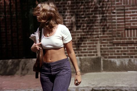 Crop top. 58-750 by Nick DeWolf Photo Archive, via Flickr Nick Dewolf 70s, 90s Crop Top Outfit, 70s Crop Top, Massachusetts Summer, Flickr Com, 70s Inspired Fashion, 70s Outfits, 70’s Fashion, Seventies Fashion