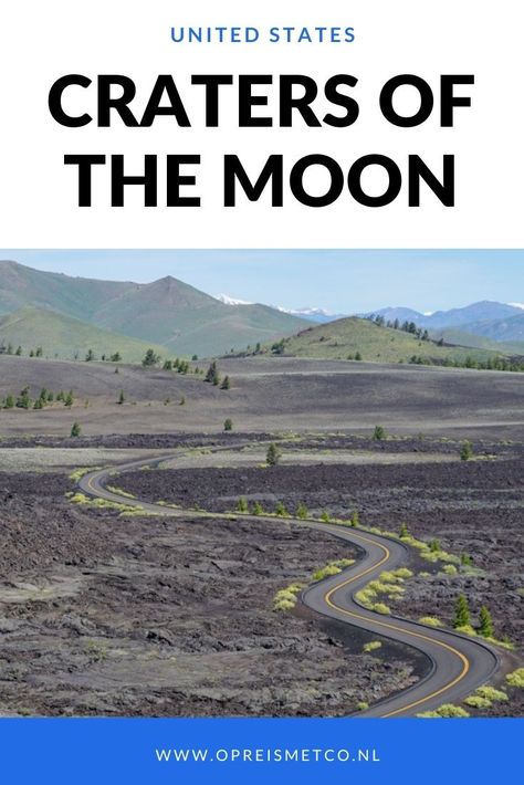 Black winding road in a black lava landscape with some green mountains in the background Craters Of The Moon, Hidden Treasure, U.s. States, National Monuments, Us Travel, Idaho, The Moon, Monument, Travel Tips