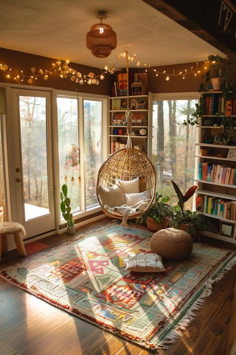 Reading Nook Near Window, Sunroom Eclectic, Room Ideas Books, Calm Reading Room, Reading Nook With Hammock, Cozy Reading Area, Reading Nook Ideas For Small Spaces, Sunroom Book Nook, Room Nook Ideas