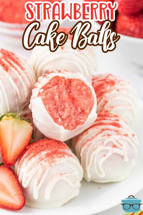 Strawberry Cake Balls - The Country Cook Strawberry Cream Cheese Balls, Strawberry Cake Truffles, White Chocolate Strawberry Dessert, Cake Truffle Recipe, Chocolate Covered Strawberry Hearts, Cake Pops Strawberry, Truffle Recipe Easy 3 Ingredients, Desserts With Strawberry Cake Mix Boxes, Strawberry Cake Balls Recipe