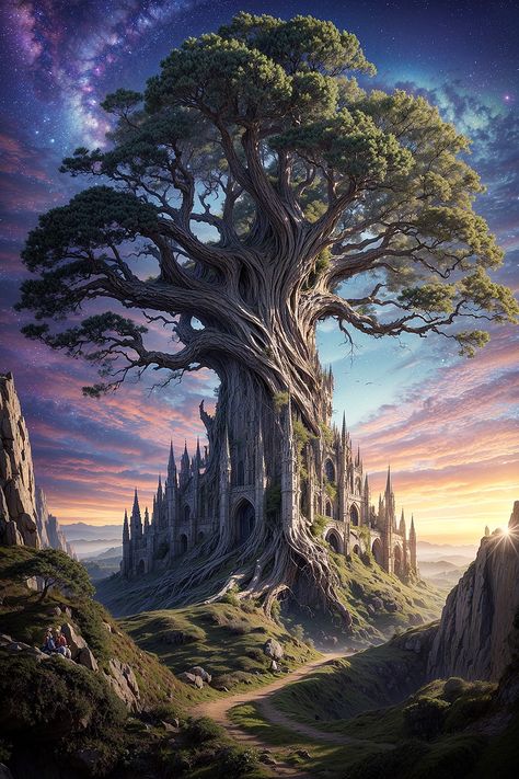 Elven Citadel: A Fusion of Nature and Magic* Explore the mystical beauty of this elven citadel, where ancient trees and fantastical architecture converge. This AI-created image brings the world of elves to life with incredible detail and imagination. A must-see for fantasy art lovers and those enchanted by mythical beings. #FantasyCharacters #Elves #AIArt #FantasyLandscapes #DigitalArt #Mystical Fantasy Citadel Art, Ancient Tree Fantasy Art, God Of Nature Fantasy Art, Elven Fantasy Art, World Tree Fantasy Art, Giant Tree Fantasy Art, Fantasy World Art Dreams, Fantasy Citadel, Fantasy Tree Art