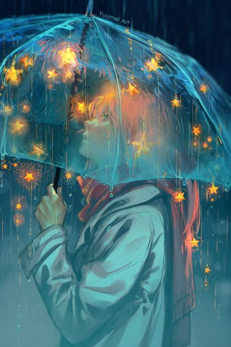 Rain Fan Art, Rain Umbrella Art, Yuumei Art Wallpaper, Rain Fantasy Art, How To Draw Rain, Drawing Rain, Rain Drawing, Yuumei Art, Rain Illustration