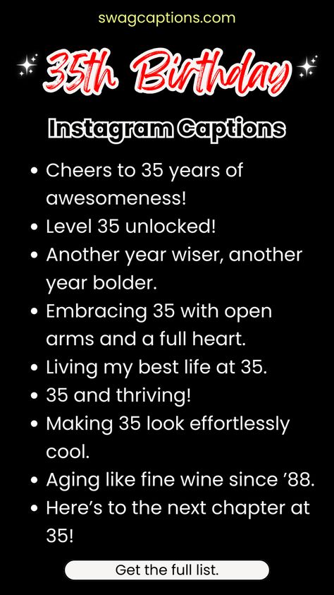 Make your 35th birthday shine with the perfect Instagram captions! Explore our handpicked selection of phrases tailored to capture the essence of your milestone moment. Let your caption game be as vibrant as your celebration! 35th Birthday Sayings, 35th Birthday Party Ideas For Her, 35th Birthday Ideas For Her Themes, 35th Birthday Ideas For Her, Birthday Instagram Captions, 35 Birthday, Happy 35th Birthday, Birthday Instagram, Birthday Captions Instagram