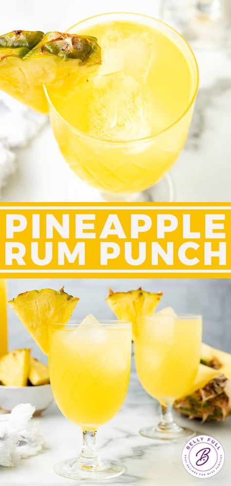 This Pineapple Rum Punch recipe is sweet, fruity, fizzy, and so delicious! This grown-up drink is quick and easy to whip up, and can be made for a small gathering or a large crowd. Great for summer backyard BBQs, holidays, and any party. Pineapple Rum Punch, Rum Punch Recipes, Alcoholic Punch, Party Drinks Alcohol, Tropical Food, Pineapple Rum, Rum Punch, Birthday Party Food, Perfect Cocktails