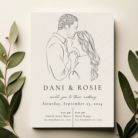 Creative Wedding Invitations Design, Artistic Wedding Invitations, Portrait Wedding Invitations, Line Art Portrait, Painted Wedding Invitation, Minimalistic Wedding, Portrait Couple, Business Invitation, Art Invitation