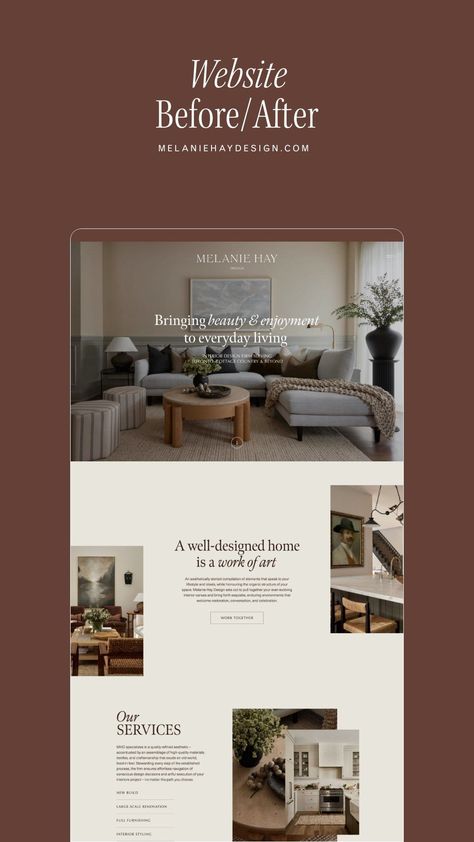 LAUNCH DAY 🚀 A little before & after for @melaniehaydesign, perfectly aligning her visual identity, brand messaging, digital environment… | Instagram Interior Design Webdesign, Interior Design Page Instagram, Interior Design Website Inspiration, Interior Designer About Me Page, Interior Design Landing Page, Interior Design Social Media Template, Modern Web Design Trends, Interior Design Branding Identity, Before After Design