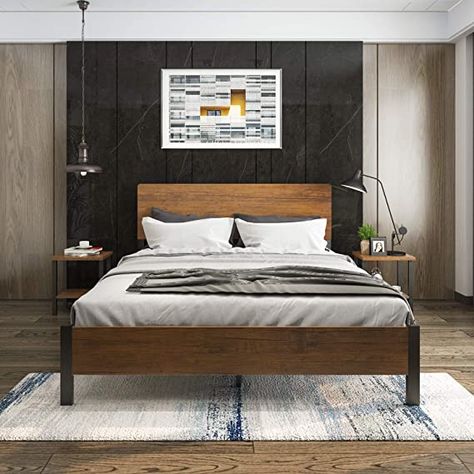 Amazon.com: ADORNEVE Queen Bed Frame with Headboard, Metal Bed Frame Rustic Bed Frame Steel Slat Support, 12.6 Inch Under-Bed Storage/Easy Assembly/No Box Spring Needed (Black/Brown): Home & Kitchen Live Edge Headboard, Rustic Platform Bed, Upholstered Full Bed, Solid Oak Beds, Rustic Bed Frame, Oak Bed, Oak Beds, Full Bed Frame, Rustic Bedding