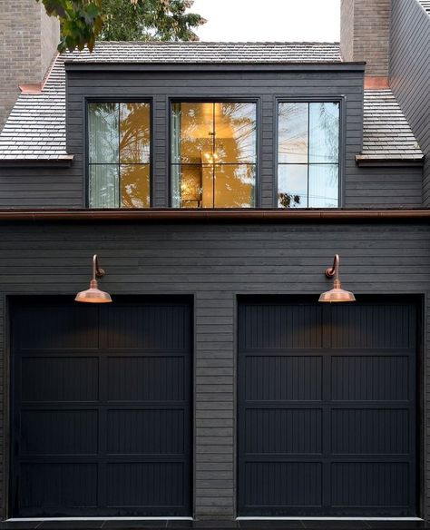 8 Striking Black Garage Door Ideas to Up Your Curb Appeal Black Home Exterior, Sherwin Williams Sea Salt, Black Garage Doors, Black Garage, Casa Loft, Gray House, Dark House, Grey Houses, Casa Exterior