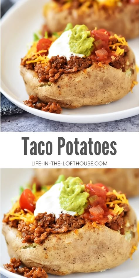 Taco Potatoes Yummy Food Appetizers, Taco Stuffed Potato Recipes, Football Sunday Recipes Dinners, Things To Eat With Potatoes, Baked Potato Lunch Ideas, Easy Dinner Recipes With Stuff At Home, Great Meal Ideas, Simple Food Prep, Dinner Taco Ideas