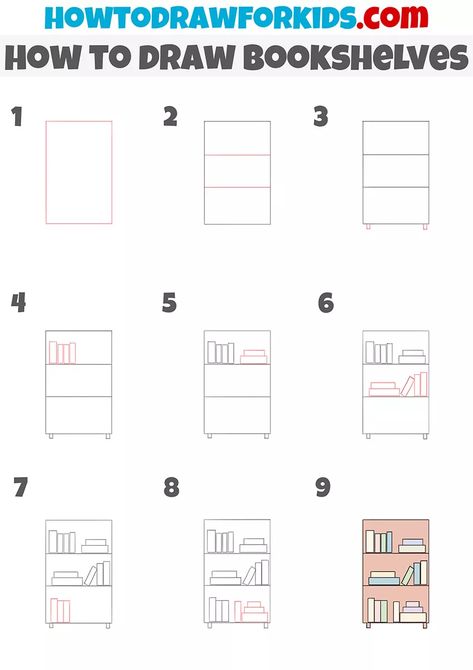 How to Draw Bookshelves - Easy Drawing Tutorial For Kids Bookshelf Drawing Easy, How To Draw Bookshelf, How To Draw A Paint Brush, How To Draw A Bookshelf, Bookshelf Sketch Drawing, How To Draw Books On A Shelf, How To Draw A Book Step By Step, Library Drawing Easy, Bookshelves Drawing