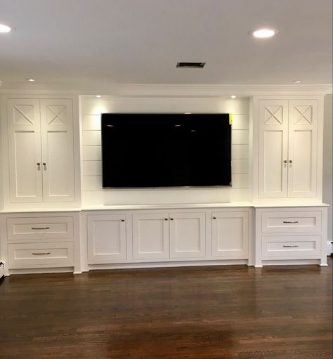 Built In Media Wall Basement, Custom Entertainment Center Tv Walls, Large Tv Built In Wall Unit, Asymmetrical Tv Built In, Custom Tv Cabinet Built Ins Living Room, Built In Tv Units In Living Room Modern, Long Entertainment Console, Airy Home Aesthetic, Basement Cabinets Built Ins