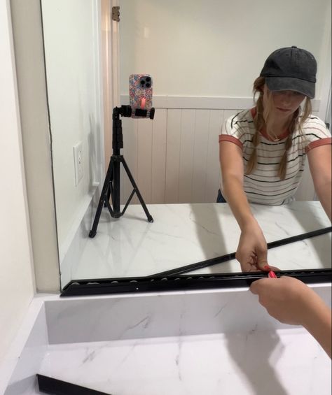 How To Frame Builders Grade Mirror, How To Reframe A Mirror Diy Projects, How To Update Builder Grade Bathroom Mirror, Restroom Mirror Frame Diy, Bathroom Mirror Replacement, Rental Friendly Mirror Frame, Apartment Mirror Frame Diy, Dress Up Bathroom Mirror, Bathroom Mirror Upgrade Diy