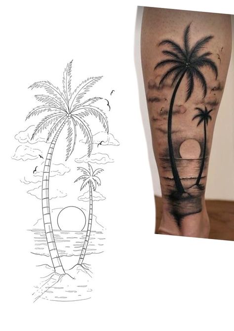 Strand Tattoo, Tato Realis, Black And White Flower Tattoo, Half Sleeve Tattoo Stencils, Hexagon Tattoo, Tree Tattoo Men, Tropical Tattoo, Florida Tattoos, Half Sleeve Tattoos Drawings