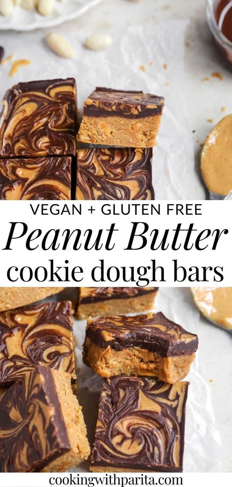 Image of vegan peanut butter cookie dough bars with text. Vegan Gluten Free Bars, No Bake Vegan Bars, Vegan Bars Recipe, Vegan 5 Ingredient Recipes, Vegan Recipes With Peanut Butter, Vegan Candy Bars, Vegan Chocolate Peanut Butter Bars, Vegan Dessert Board, Vegan Bars Dessert