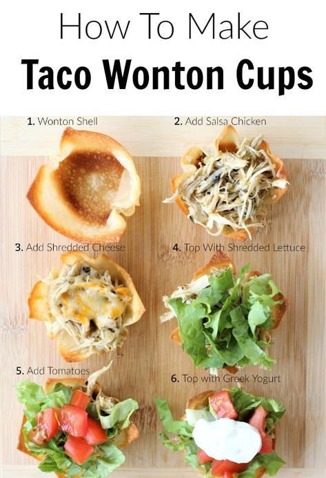 Taco Wonton Cups, Taco Wonton, Wonton Taco Cups, Savory Hand Pies Recipes, Wonton Appetizers, Pulled Chicken Tacos, Wonton Wrapper Recipes, Wonton Tacos, Chicken Thai