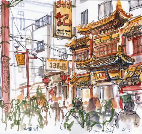 China town street view | watercolor and pen / Kanagawa, Japa… | Flickr China Town Art, Town Drawing, New Year's Drawings, Watercolor And Pen, China Street, Year Of The Rooster, Kanagawa Japan, Town Building, Asian Architecture