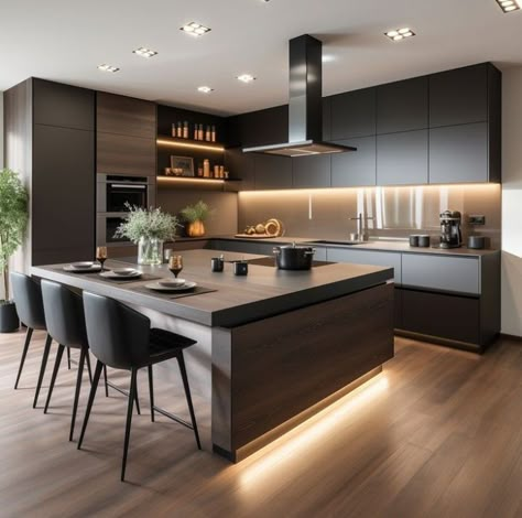 Compact Modern Kitchen, Modern Black Interior Design, Contemporary Kitchen Black, Modern Gray Kitchen, Modern Dark Kitchen, Polished Concrete Kitchen, Modern Open Kitchen, Cabinet Colours, Modern House Design Interior