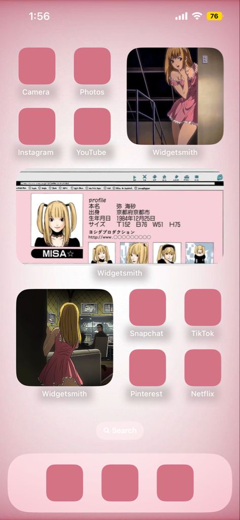 Misa Amane Phone Theme, Misa Pink Wallpaper, Deathnote Lockscreen, Misa Phone Theme, Pink Layout Iphone, Misa Pink, Emo Roblox Avatar, Cute Home Screens, Iphone Ideas