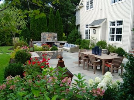 Rooms With a View Backyard Dining, Pool Storage, Bluestone Patio, Grasses Landscaping, Landscape Designer, New England Homes, Diy Deck, Concrete Patio, Patio Stones