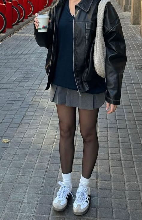 fashion, outfit, aesthetic, style, inspo, ideas, woman, model, instagram, insta, accessories, Black Leather Skirt Outfit Autumn, Mini Skirt Big Jacket Outfit, Grey Skirt With Black Tights, Charcoal Skirt Outfit, How To Style Grey Pleated Skirt, Grey School Skirt Outfit, Outfit With Short Black Skirt, Grey Pleated Skirt Outfit Summer, Mini Grey Skirt