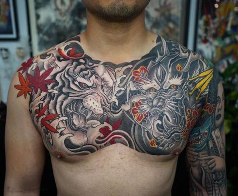 Chest Tattoo Japanese, Dragon Tattoo Chest, Samurai Tattoo Sleeve, Dragon Head Tattoo, Feather Tattoo Meaning, Asian Dragon Tattoo, Japanese Tiger Tattoo, Tiger Tattoo Sleeve, Tiger Dragon