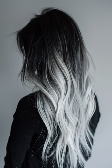 57+ Trending Ombre Hair Color Ideas Mid Length Hair Dye Ideas, Black Ends Hair, Violet Sorrengail Hair, Silver Balayage On Dark Hair, Hair Black Highlights, Black Grey Hair, Hair Color Ombre, Hairstyles Juda, Ombre Hair Color Ideas