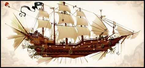 Steampunk ship Steampunk Pirate Ship Concept Art, Flying Pirate Ship Art, Pirate Ship Art Illustrations, Fantasy Flying Ship, Flying Pirate Ship, Steampunk Pirate Ship, Fantasy Pirate Ship, Spelljammer Ships, Steampunk Ship