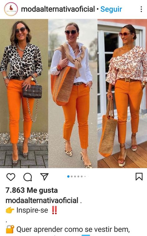 Fall Orange Outfits Women, Orange Capris Outfit, Womens Orange Pants Outfit, Orange Chinos Outfit Women, Orange Slacks Outfit Womens Fashion, Orange Tshirt Women Outfit, Orange Pants Work Outfit, Bright Orange Pants Outfit, How To Wear Orange Pants