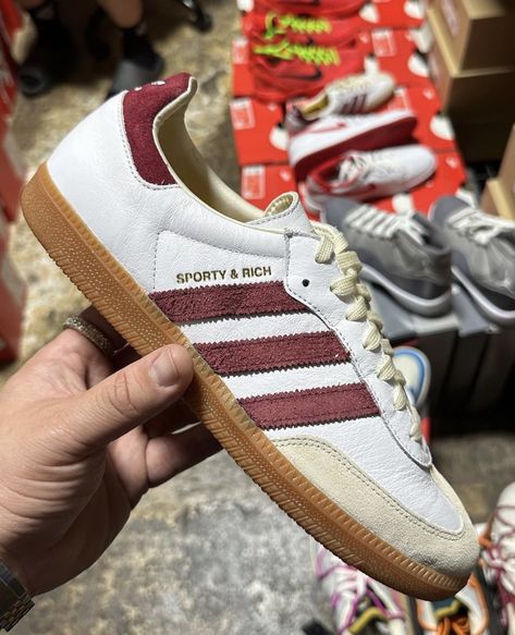 Samba White, Adidas Samba White, Samba Adidas, Burgundy Sneakers, Men Adidas, Burgundy Outfit, Adidas Three Stripes, Cool Sneakers, Shoe Shelf