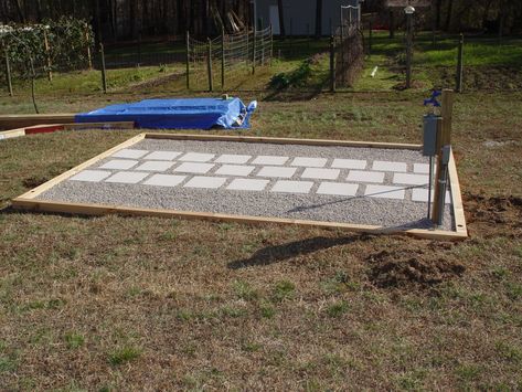 Path To Greenhouse, Ideas For Greenhouse Floors, Green House Landscape, Greenhouse Floors Diy, Floor For Greenhouse, Cinder Block Greenhouse Foundation, Diy Greenhouse Foundation, Diy Greenhouse Pallets, Brick Greenhouse Floor