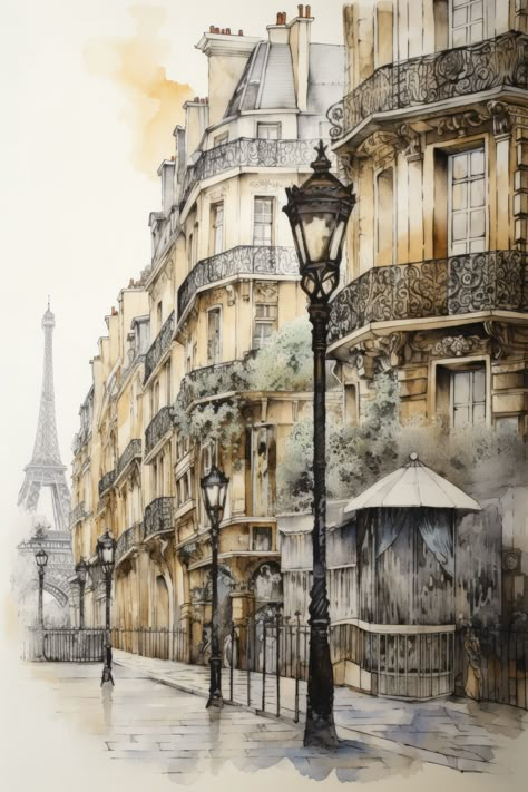 An imaginary cityscape based on the city of Paris. Urban Sketching Pen, Watercolour City, Paris Collage, Architecture Paintings, Mega City, City Of Paris, City Sketch, Watercolor City, Watercolour And Ink