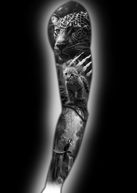 Rainforest Tattoo Sleeve Black, Jungle Animal Tattoos Sleeve, Animal Full Sleeve Tattoo, Amazon Jungle Tattoo, African Jungle Tattoo, Jungle Arm Sleeve Tattoo, Jaguar Sleeve Tattoo, Rainforest Tattoo Ideas, Jungle Leg Tattoo