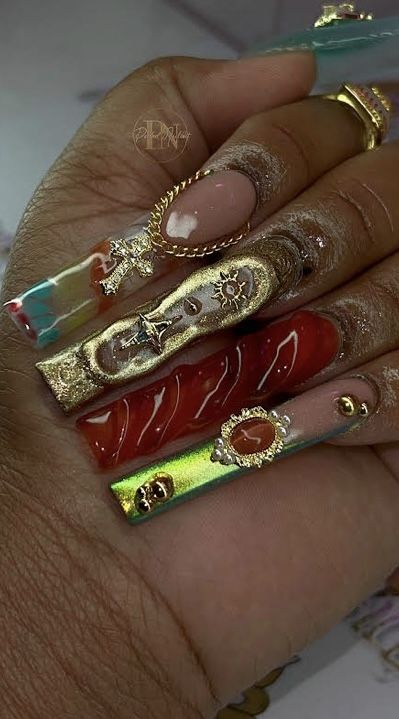 Acrylic Nails Dramatic, Red Junk Nails, Red Glam Nails, Scorpio Nails Designs, Xxl Nails, Hard Nails, Drip Nails, Colored Acrylic Nails, Girly Acrylic Nails