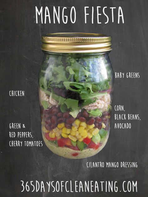 Clean Eating Mango Fiesta Mason Jar Salad Salmon Mason Jar Salad, Salads In A Cup, Meal Prep In A Jar, Salad Mason Jars, Eating Mango, Camp Cooking Recipes, Salads In A Jar, Jar Salad Recipes, Mango Dressing