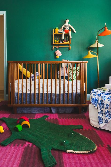 Felix's New Nursery - The House That Lars Built Nursery Design Colorful, Bold Color Nursery Ideas, Nursery Ideas Eclectic, Nursery Wall Lighting, Maximalism Nursery, Teal And Mustard Nursery, Post Modern Nursery, Artsy Laundry Room, Nursery Ideas Maximalist