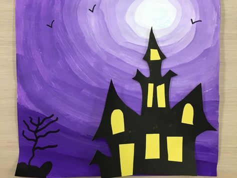 Haunted House Art, Halloween Art Projects, Halloween Writing, Tempera Painting, Black Construction Paper, Art Halloween, House Drawing, Upper Elementary, Art Plastique