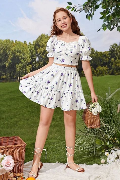 This girls outfit is perfect for summer, made from polyester. Floral, All Over Print, Sweetheart Neckline, Short Sleeve. #summer #blouse #skirt #floral #girls Ruffle Hem Blouse, Ruffle Hem Skirt, Kids Wardrobe, Hem Skirt, Puff Sleeve Blouse, Skirts Online, Fashion Costume, Girly Outfits, Teen Girls