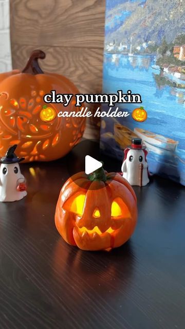 Clay Pumpkin Candle Holder, Clay Candleholder, Pottery Sculpting, Candle Holder Diy, Clay Pumpkin, Oven Diy, Battery Powered Candles, Pumpkin Candle Holder, Pumpkin Candle