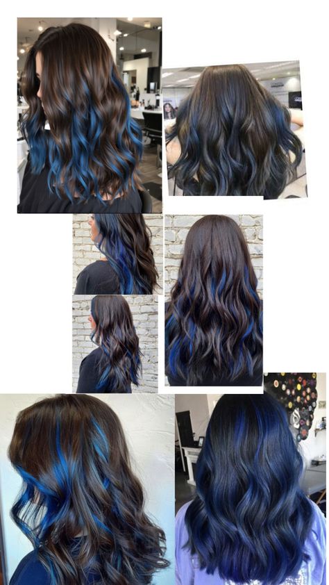 Brunnette hair with blue highlights Blue Streaks In Brown Hair Short, Brunette Blue Highlights, Brunette Hair With Blue Highlights, Brunette With Blue Highlights, Different Types Of Highlights, Brown Hair With Blue Highlights, Blue Highlights In Brown Hair, Hair With Blue Highlights, Blue Balayage