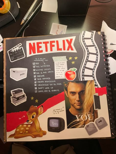 Netflix You aesthetic scrapbooking Movie Night Scrapbook Page, Cinema Scrapbook Page, Movies Scrapbook Page, Scrapbook Halloween Ideas, Tv Show Scrapbook, Movie Scrapbook Ideas, Scrapbook Gift For Boyfriend, Movie Scrapbook, Scrapbook Paper Projects