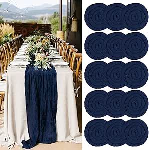 Navy Blue And Burgundy Wedding Table Centerpieces, Navy Cheesecloth Table Runner, Wedding Table Linens Round, Navy Table Runner Wedding, Talavera Table Setting, Navy Reception Decor, Dark Blue Wedding Decor, Round Table Runner Wedding, Navy Blue Table Settings