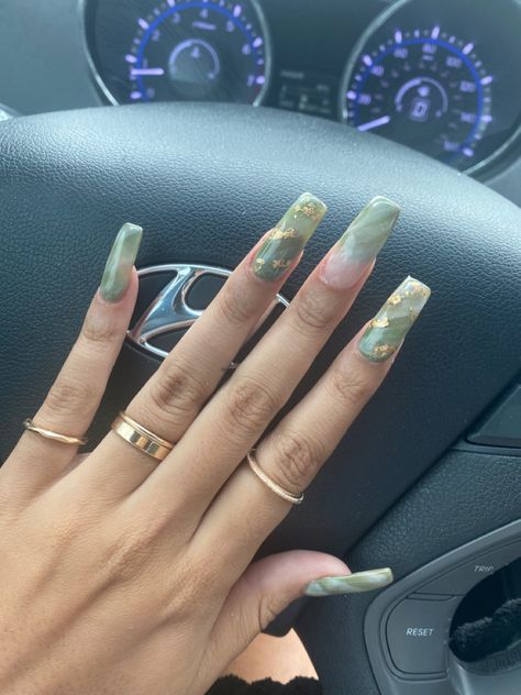 Nails Green Marble, Marble Nails With Gold, Square Shape Nails, Green Marble Nails, Nails With Gold, Shape Nails, Nails Green, Marble Nails, Birthday Nails