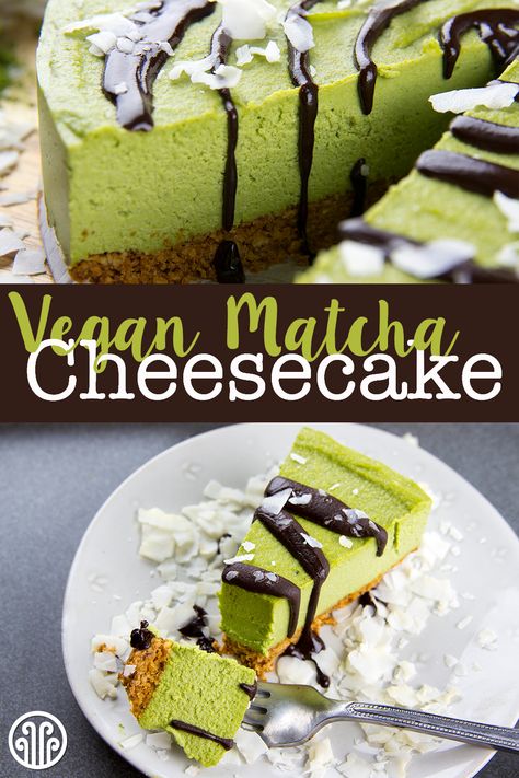 Beautiful, creamy, and perfectly sweet – this Vegan Matcha Cheesecake tastes even better than it looks. Eden ceremonial grade Matcha is a wonderful ingredient for baked foods and desserts, as it is slightly sweeter and has a more balanced flavor than culinary matcha variations. Not to mention the gorgeous color! The delicate flavor of this cake comes from a carefully crafted combination Eden Matcha, cashews, vanilla, lemon, and coconut. #VeganDesserts #Cheesecake #Matcha #DessertRecipes Vegan Matcha Cheesecake Recipe, Vegan Matcha Cheesecake, Matcha Vegan Recipes, Vegan Matcha Cake, Matcha Deserts, Matcha Cheesecake Recipe, Cashew Cake, Matcha Vegan, Lemon And Coconut