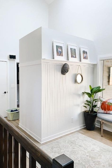 Bead Board Family Room, Tall Beadboard Wainscoting, Beadboard Accent Wall Kitchen, Beadboard Ideas Wall, Accent Wall Bead Board, Beadboard Tv Wall, Beadboard Half Wall Hallway, Beadboard Half Wall Kitchen, Beadboard Half Wall Living Room