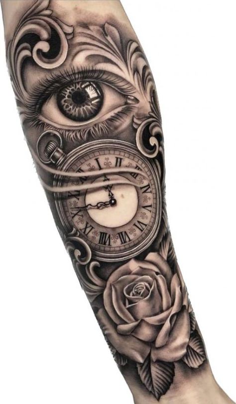 Realistic eye with rose and pocket watch tattoo Poppy Tattoo Sleeve, Rose And Clock Tattoo, Clock Tattoo Designs, Clock And Rose Tattoo, Nautical Tattoo Sleeve, Memorial Tattoo Ideas, Leg Sleeve Tattoos, Tiger Tattoo Sleeve, Pocket Watch Tattoos