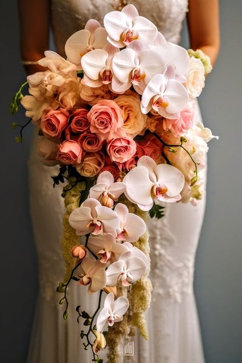 Cascading Orchid Wedding Bouquet, Pink Cascading Bridal Bouquet, Diy Cascading Bridal Bouquets, Draping Bouquet, Waterfall Bouquet Wedding, Waterfall Bridal Bouquet, Carnation Bridal Bouquet, Waterfall Bouquet, Large Wedding Bouquet