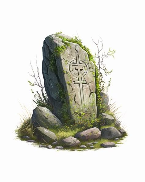 Fantasy Stone Art, Rune Stones Fantasy Art, Medieval Environment, Ruins Illustration, Ruins Drawing, Rock Concept Art, Swamp Drawing, Rune Stones, Environment Props