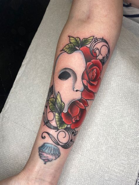 Mascarade Tattoo, Theatre Masks Tattoo, Phantom Tattoo, Phantom Of The Opera Tattoo, Opera Tattoo, Masquerade Tattoo, Broadway Tattoos, Theater Mask Tattoo, Theatre Tattoo